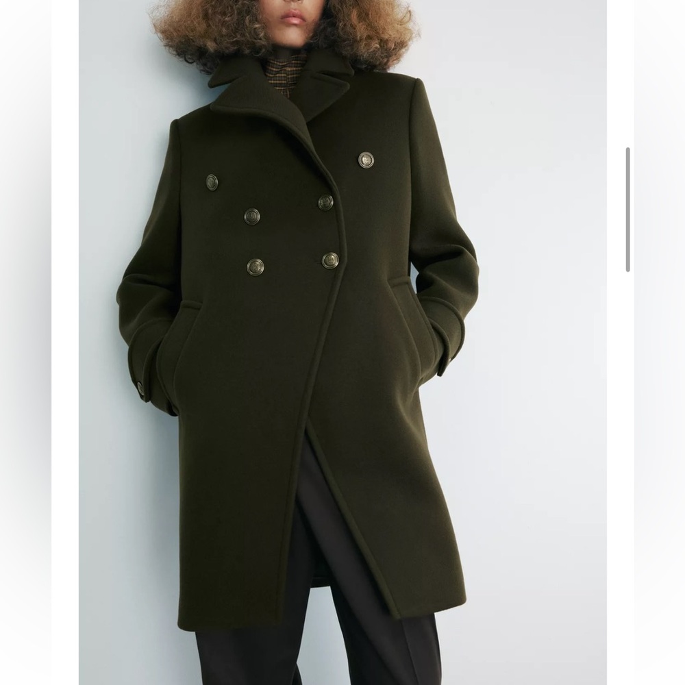ZARA ZW Collection Manteco Wool Double Breasted Pea Coat Olive Green Women M